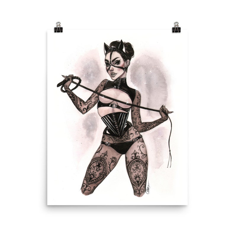 Pin Up Erotic Wall Art Kink Bondage Latex Lingerie Boudoir Cat Siren Burlesque Art Watercolor Pin-Up Print by Carlations image 2
