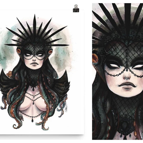 Cthulhu Lovecraft Sea Witch Gothic Mermaid Medusa Wall Art Poster Watercolor Print by Carlations Carla Wyzgala