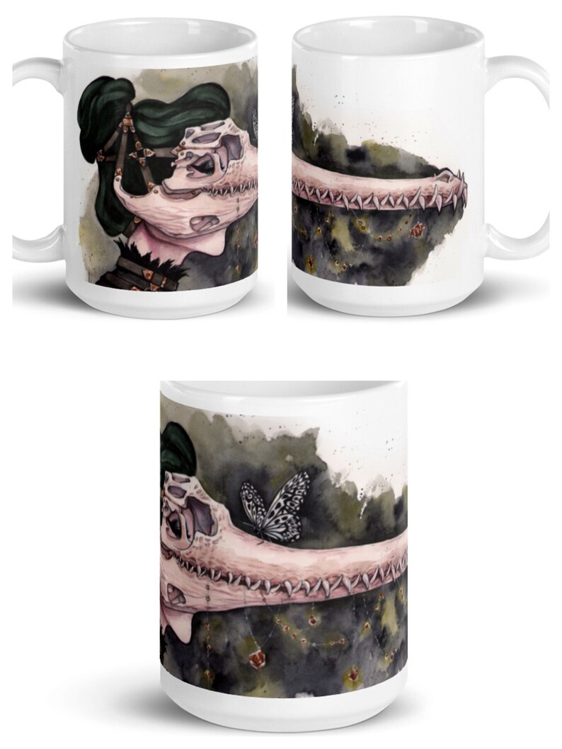 Macabre Crocodile Dinosaur Skull Mask Watercolor Sketch Art Mug by Carlations Carla Wyzgala image 1