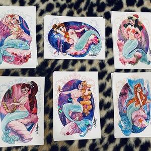 Holographic Mermaid Lagoon Set Watercolor Pin-up Print by Carlations