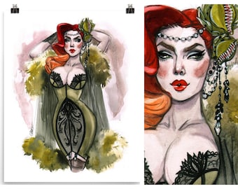 Pin Up Boudoir Vintage Ivy Villain Siren Burlesque Art Watercolor PinUp Print by Carlations Carla Wyzgala