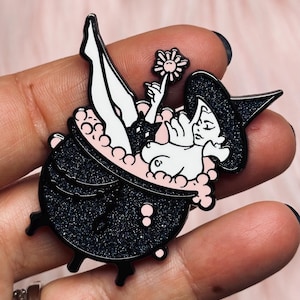 Glitter Witch Enamel Pin: Spooky Burlesque Kitty Cauldron