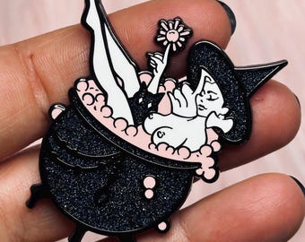 Glitter Witch Enamel Pin: Spooky Burlesque Kitty Cauldron