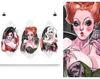 Boudoir Sanderson Sisters Pin Up Hocus Pocus Halloween Wall Art Poster Watercolor Pin-Up Print by Carlations