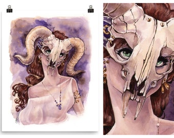 Golden Fleece Ram Animal Skull Mask Medusa Masquerade Painting Phantom of the Opera Watercolor Pin-up Art Print by Carlations