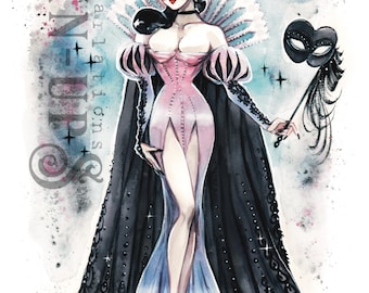 Snow White Fairytale Medieval Sword Pastel Goth Princess Masquerade Watercolor Pin-up Print by Carlations Carla Wyzgala