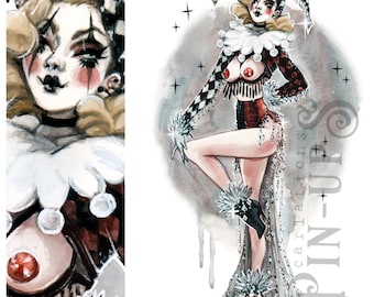 Stampa artistica pin-up di ragazza clown gotica: acquerello boudoir burlesque