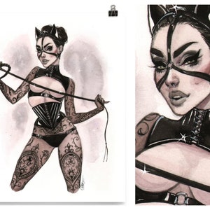 May include: Watercolour illustration of a woman in black lingerie, a corset, and a cat-ear headpiece, holding a whip. The artwork features intricate tattoo designs on the arms and legs, with a detailed face and dark makeup. The background is a soft, watercolour wash.