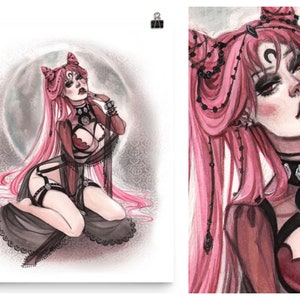 Boudoir Vintage Pin Up Art Mond Gothic Wicked Lady Aquarell Pin-Up Print von Carlations
