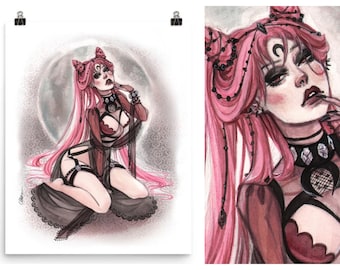 Boudoir Vintage Pin Up Art Moon Gothic Wicked Lady Watercolor Pin-Up Print by Carlations