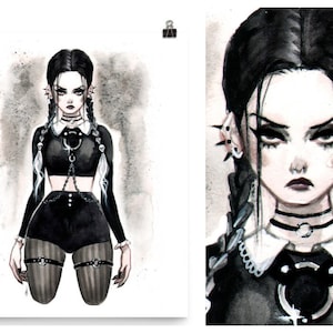 Wednesday Addams Art Print: Gothic Pin-Up Watercolor by Carlations