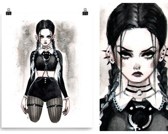 Pin Up Witchy Wednesday Addams Family Spooky Gothic Watercolor Pin-Up Print by Carlations Carla Wyzgala