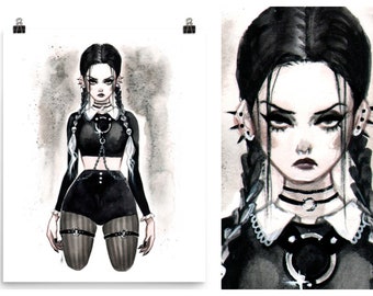 Wednesday Addams Art Print: Gothic Pin-Up Watercolor by Carlations