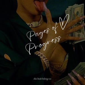 Può includere: L'immagine presenta il testo "Pages of Progress" con un simbolo a forma di cuore. Una persona tiene in mano una pila di soldi e ha lunghe unghie dipinte di viola. La persona indossa una collana e un braccialetto di diamanti.