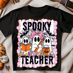 Spooky Teacher Png, Coquette Teacher Halloween Png, Halloween Ghost Teacher Shirt Design, Trick or Teach Png, Floral Spooky Season Png
