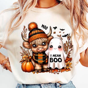 Halloween Cute highland cow fall ghost PNG, Spooky season autumn cow shirt PNG, Halloween pumpkin spice PNG, Ghost sublimation digital