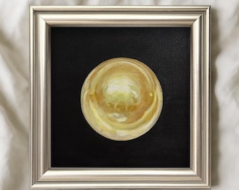 Golden Pearl Oil Painting Luxury Pearl Wall Art Small Square Still Life Painting Elegant Gold Decor Minimalist Coastal Artwork