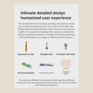 May include: An image showcasing various painting accessories, including an expansion screw, straight nails, a traceless nail hook, a horizontal bubble level, a soft ruler, and protective gloves. Text reads "Intimate detailed design humanized user experience."