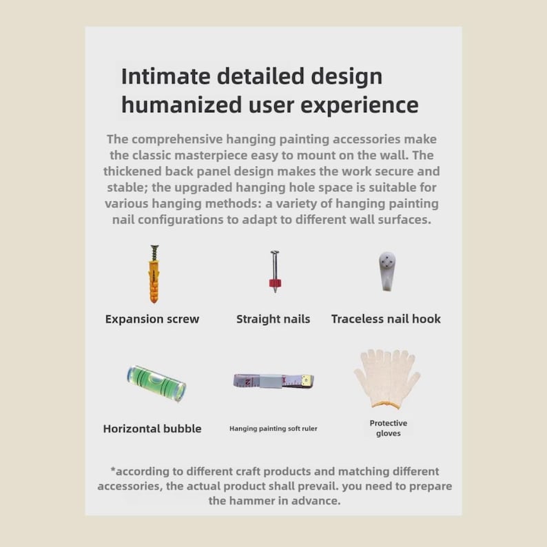 May include: An image showcasing various painting accessories, including an expansion screw, straight nails, a traceless nail hook, a horizontal bubble level, a soft ruler, and protective gloves. Text reads "Intimate detailed design humanized user experience."