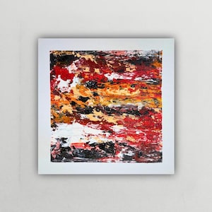 Abstract Red and Orange Oil Painting on Canvas – 16&quot;x16&quot; Textured Modern Wall Art Fiery Expressionist Artwork for Living Room, Office Decor