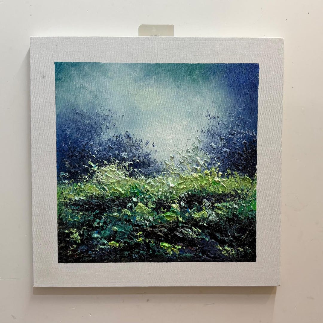 Textured Abstract Landscape Oil Painting Handmade Green & Blue Impasto ...