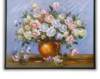 Textured Floral Oil Painting: Rose Bouquet in Vase, Romantic Still Life 20"x24"