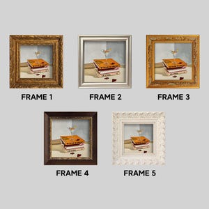 May include: Five framed art prints featuring a still life with a cocktail glass atop a stack of books. The books are titled "Skyfall". Frames vary in style: ornate gold, silver, and dark brown, and white.