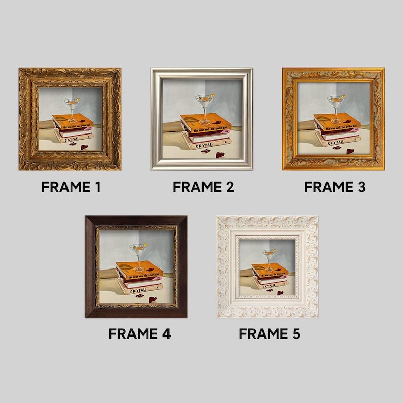 May include: Five framed art prints featuring a still life with a cocktail glass atop a stack of books. The books are titled "Skyfall". Frames vary in style: ornate gold, silver, and dark brown, and white.