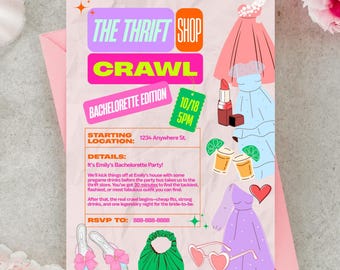 Thrift Shop Crawl Bachelorette Invitation: Editable Canva Template (Digital)