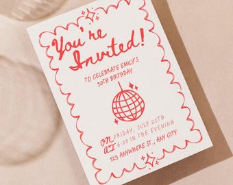 Retro Disco Birthday Invitation Template: Hand-Drawn Party Invite (PDF, 7x5 in Canva Editable Design)