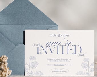 Dusty Blue Floral Wedding Invitation | Elegant Script, Botanical Template (Digital Download)