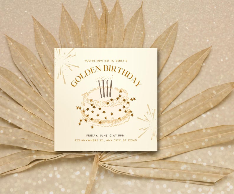 Golden Birthday Invitation Template: Sparkle Cake Design (Digital Download, 5.5" Square ) image 2