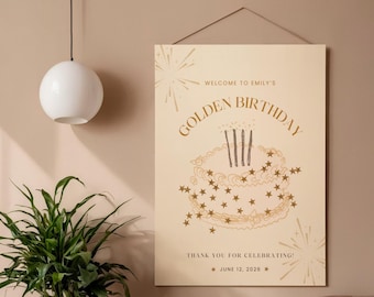 Golden Birthday Welcome Sign Template: Sparkle Cake Design (Digital Download, 18" x 24" Vertical)
