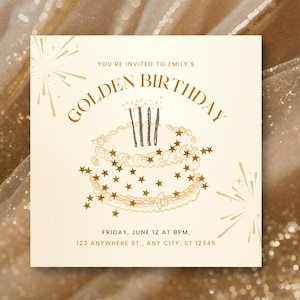 Golden Birthday Invitation Template: Sparkle Cake Design (Digital Download, 5.5" Square ) image 1