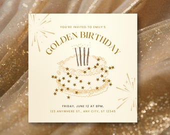 Golden Birthday Invitation Template: Sparkle Cake Design (Digital Download, 5.5" Square )