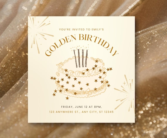 Golden Birthday Invitation Template: Sparkle Cake Design (Digital Download, 5.5" Square )