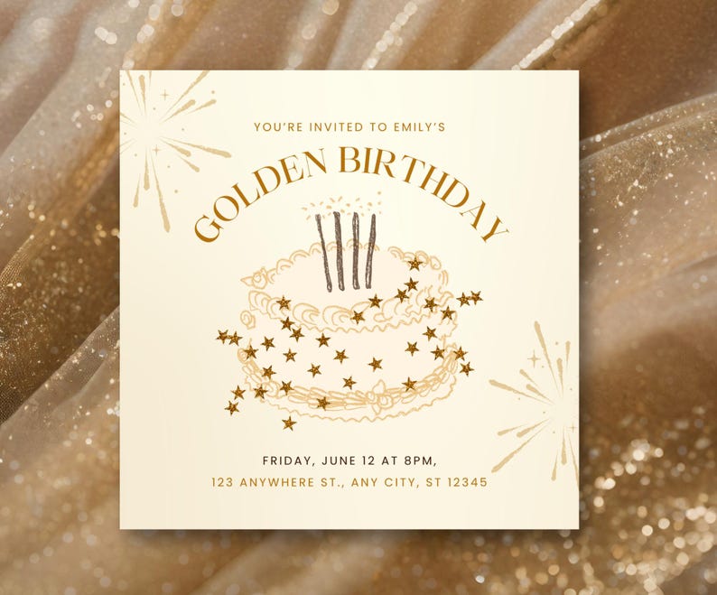 Golden Birthday Invitation Template: Sparkle Cake Design (Digital Download, 5.5" Square ) image 1