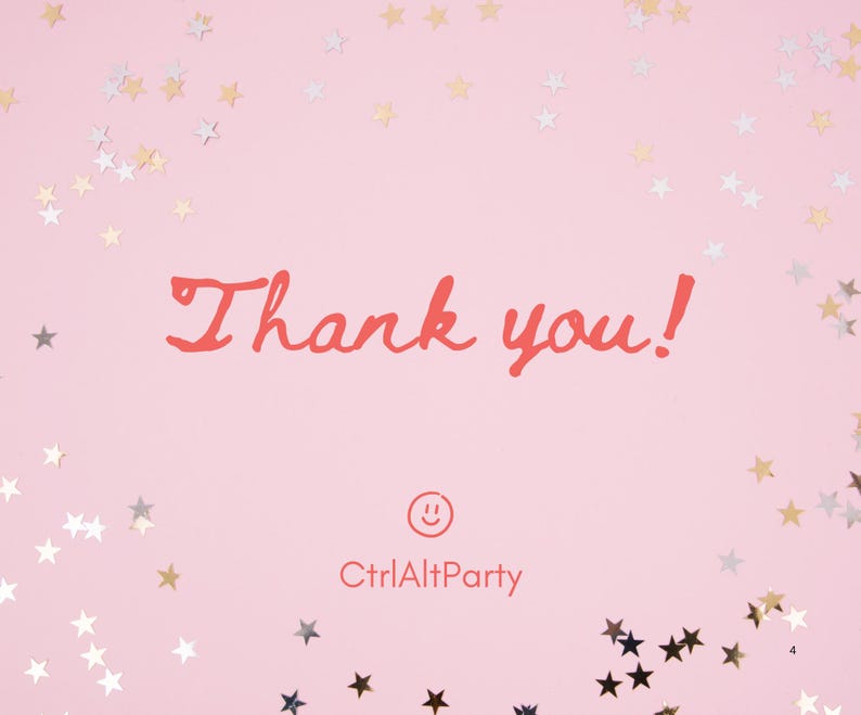 May include: A pink background with scattered gold, silver, and black star-shaped confetti. The words "Thank you!" are written in red script. Below the text is a smiling face icon and the text "CtrlAltParty".