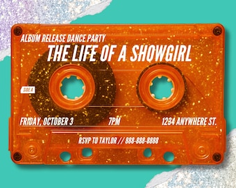 Showgirl Album Release Party Invitation: Orange Glitter, Music Theme (Digital & Print, Editable in Canva)