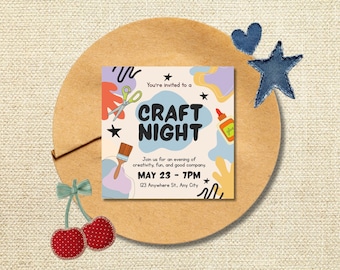 Craft Night Invitation Template: Illustrative Fun Design (Digital Download, 5.5" Square )