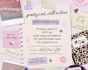Pink Scrapbook Album Listening Party Invite Template | Sad Girl Invite | Editable Canva Collage Invitation