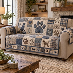 May include: A beige sofa cover featuring a quilted patchwork design in shades of blue and tan. The pattern includes illustrations of dogs, paw prints, hearts, bones, and leafy sprigs arranged in a grid across the fabric surface.