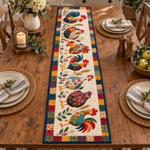 Può includere: Un runner da tavola trapuntato rettangolare con un pannello centrale color crema decorato da una fila verticale di sette galli e galline colorati con vari motivi floreali e geometrici, circondato da un bordo di piccoli quadrati multicolori.