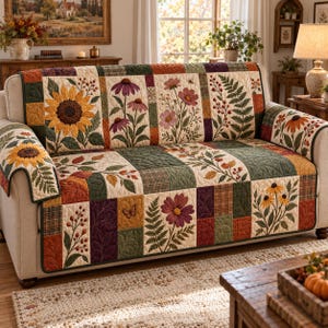 May include: A quilted sofa cover featuring a patchwork design with botanical illustrations of sunflowers, coneflowers, cosmos, ferns, and berries in autumn colors. The fabric includes green, orange, and brown plaid blocks with quilted textures.