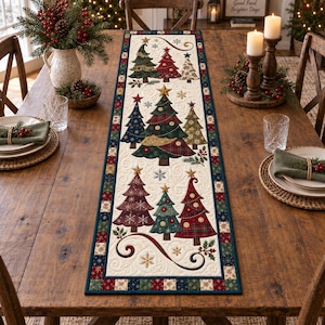 Chemin de table matelassé patchwork sapin de Noël, décoration de table pour les fêtes