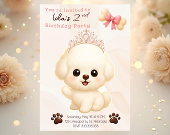 Editable Puppy Theme Birthday Party 5x7 Digital Birthday Invitation Cute Girl Birthday Invitation Corjl Cute Birthday Invite Template