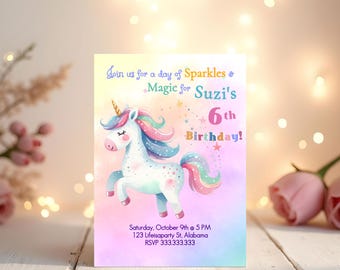 Invitación de cumpleaños digital editable de 5 x 7 con temática de unicornio, plantilla de cumpleaños rosa pastel de Corjl.