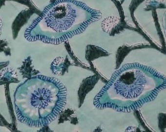 May include: A folded piece of fabric with a repeating floral pattern. The design features stylized blue flowers and eye-like shapes on a light teal background, with dark green vines and leaves.