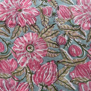 Hand Block Print Cotton Fabric – Pastel Sage, Pink Flowers