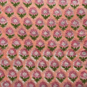 Peach Cotton Fabric – Pink Lotus Indian Block Print, Natural Dye